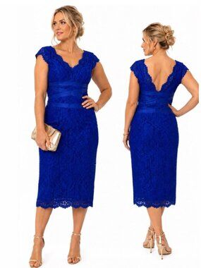 Tadashi Shoji Cobalt Blue Lace V-Neck Midi Sheath Dress size large 14
